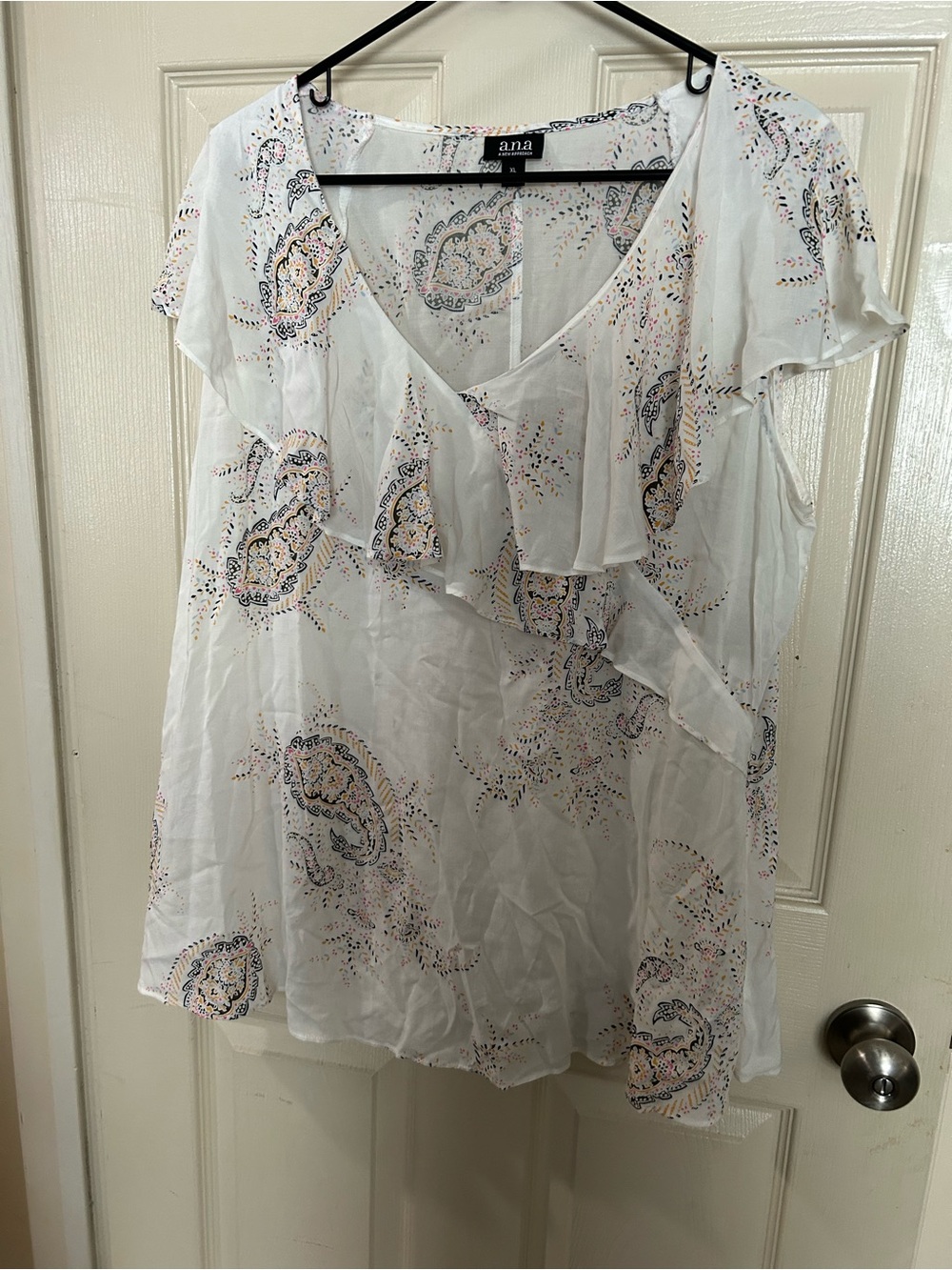 a.n.a White Paisley Ruffle V-Neck Blouse with Multicolor Accents
